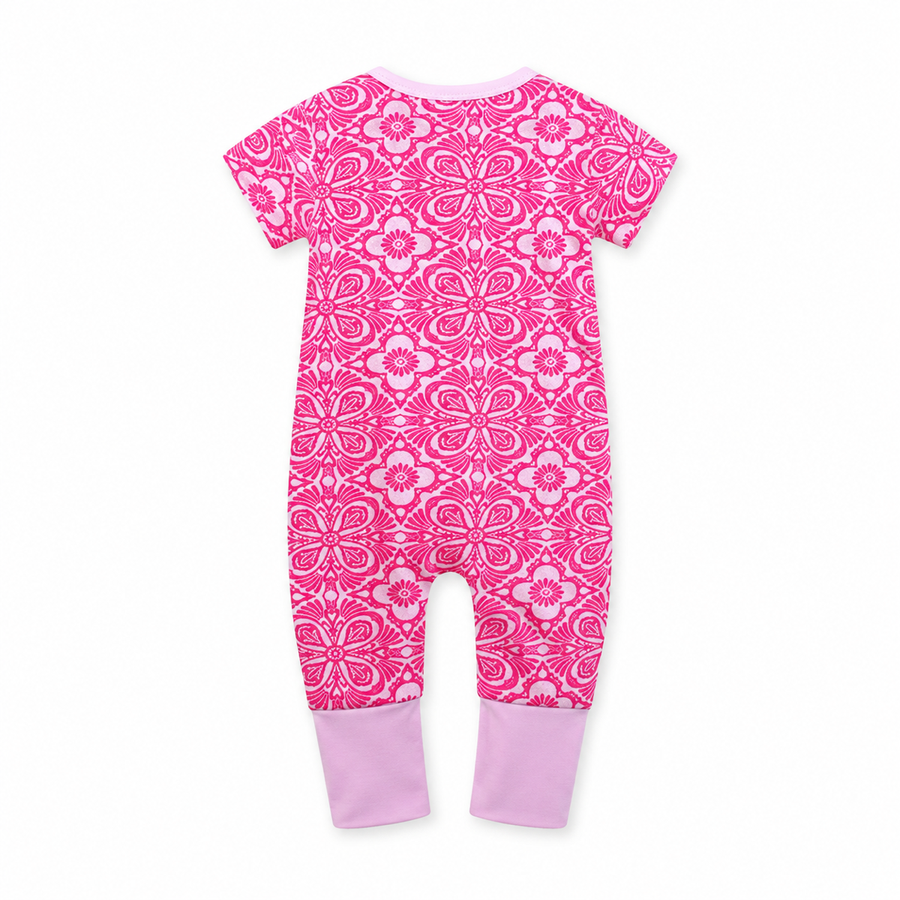 Pink Medallion Short-Sleeve Romper — Pink Medallion — Back view — image 2