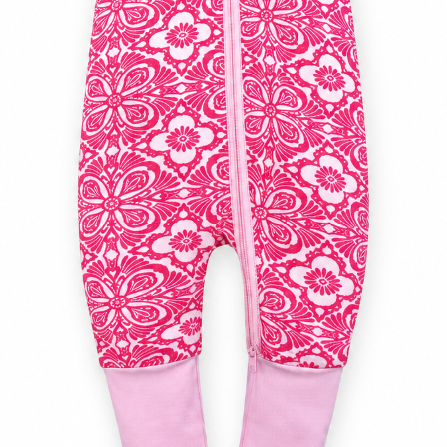 Pink Medallion Short-Sleeve Romper — Pink Medallion — Cuff and foot detail — image 6