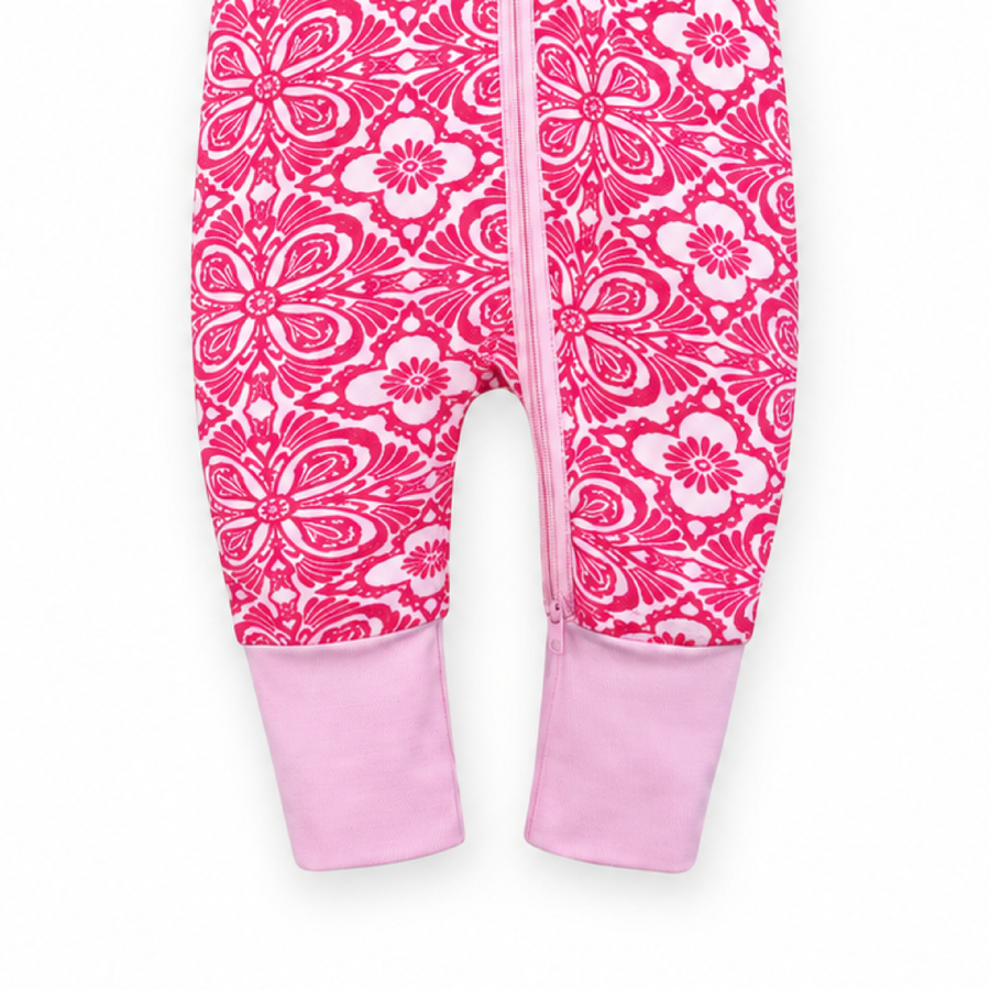 Pink Medallion Short-Sleeve Romper — Pink Medallion — Cuff and foot detail — image 5