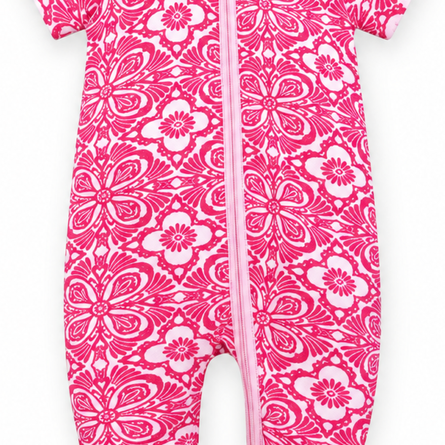 Pink Medallion Short-Sleeve Romper — Pink Medallion — Fabric detail — image 7