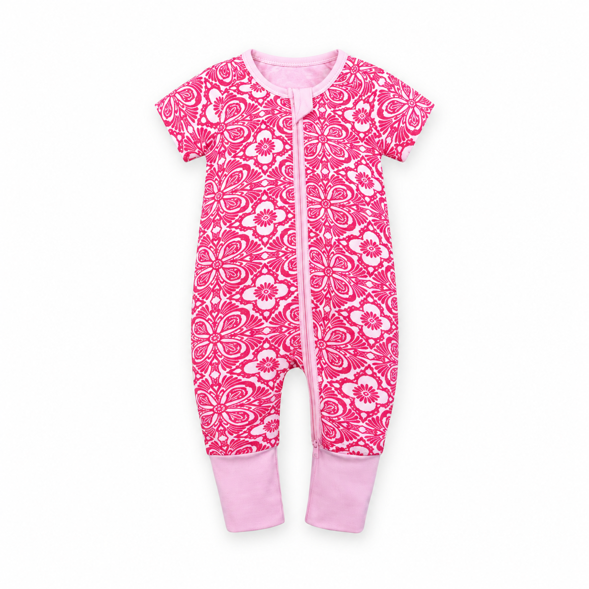 Pink Medallion Short-Sleeve Romper — Pink Medallion — Front view — image 1
