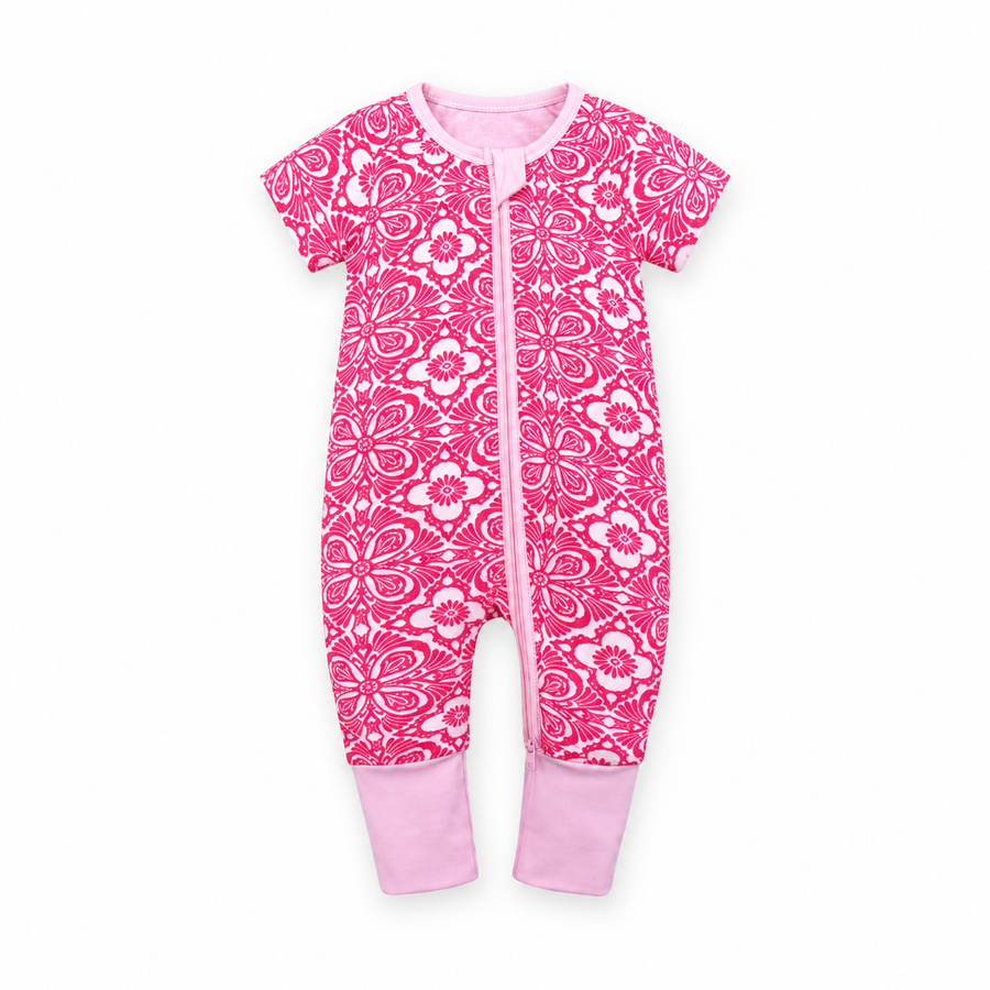 Pink Medallion Short-Sleeve Romper — Pink Medallion — Front view — image 1