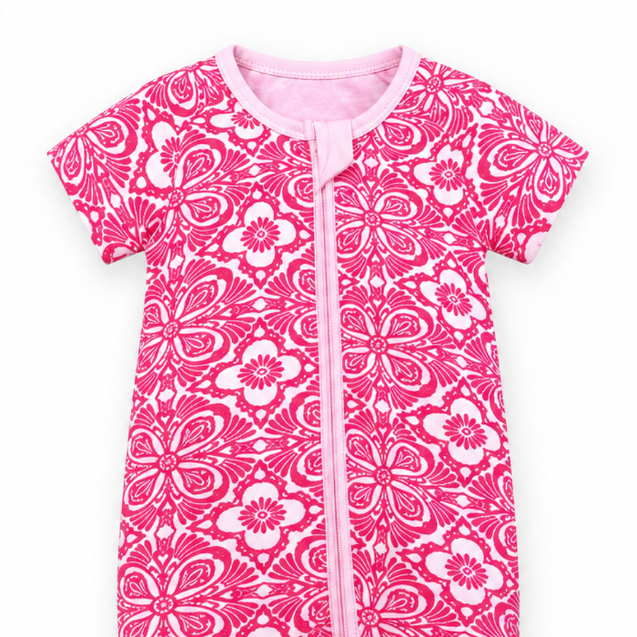 Pink Medallion Short-Sleeve Romper — Pink Medallion — Neckline and seam detail — image 4