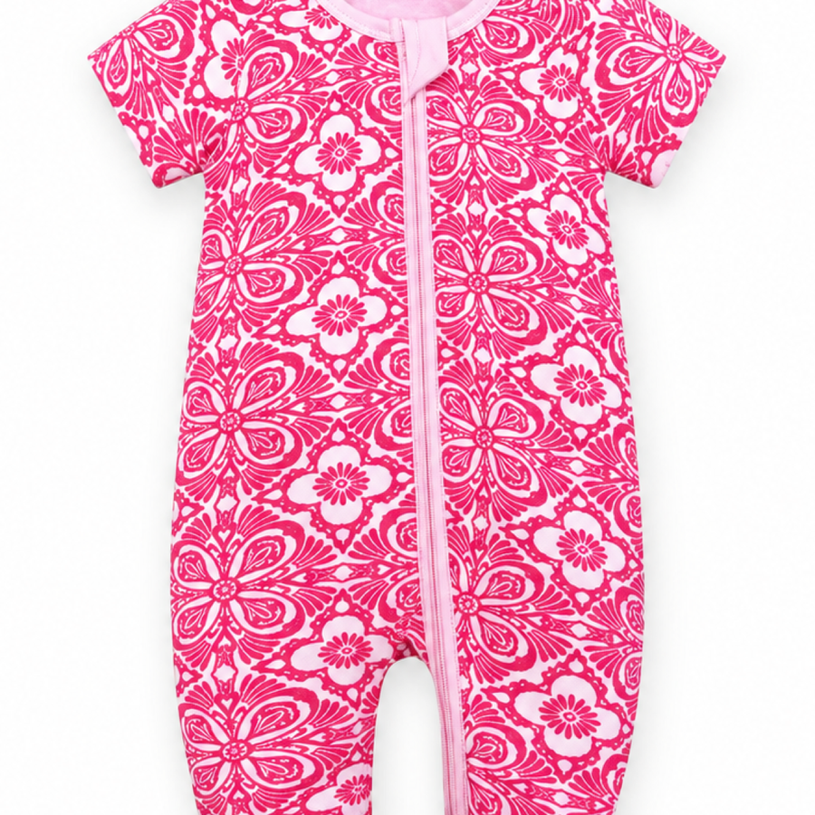 Pink Medallion Short-Sleeve Romper — Pink Medallion — Zipper detail — image 3