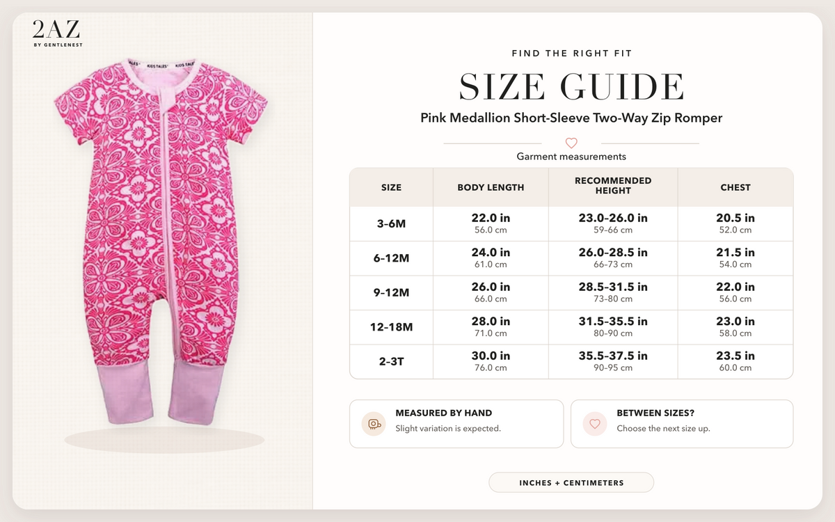 Product-specific size guide for Pink Medallion Short-Sleeve Romper