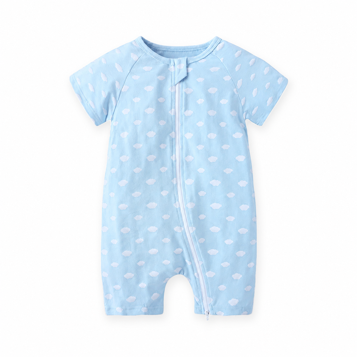 Blue Clouds Short-Sleeve Shortie Romper — Blue Clouds — Front view — image 1