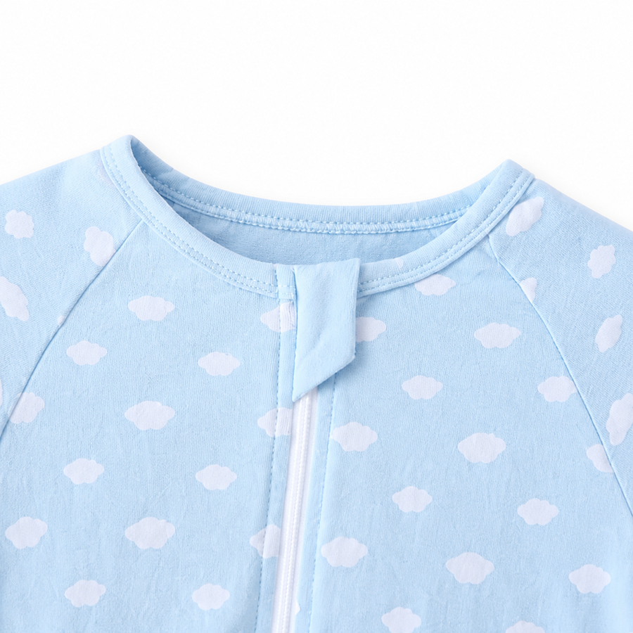 Blue Clouds Short-Sleeve Shortie Romper — Blue Clouds — Zipper detail — image 3
