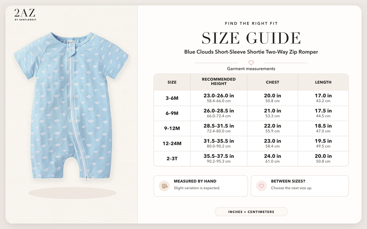 Product-specific size guide for Blue Clouds Shortie Romper