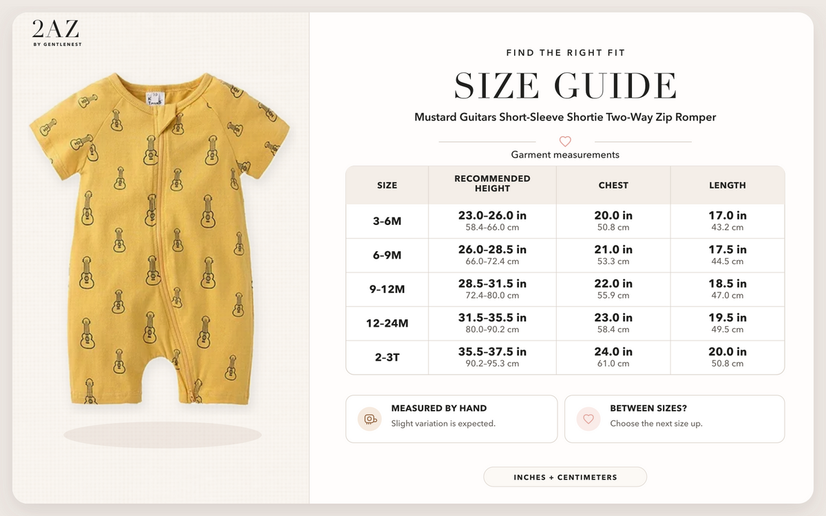 Product-specific size guide for Mustard Guitars Shortie Romper