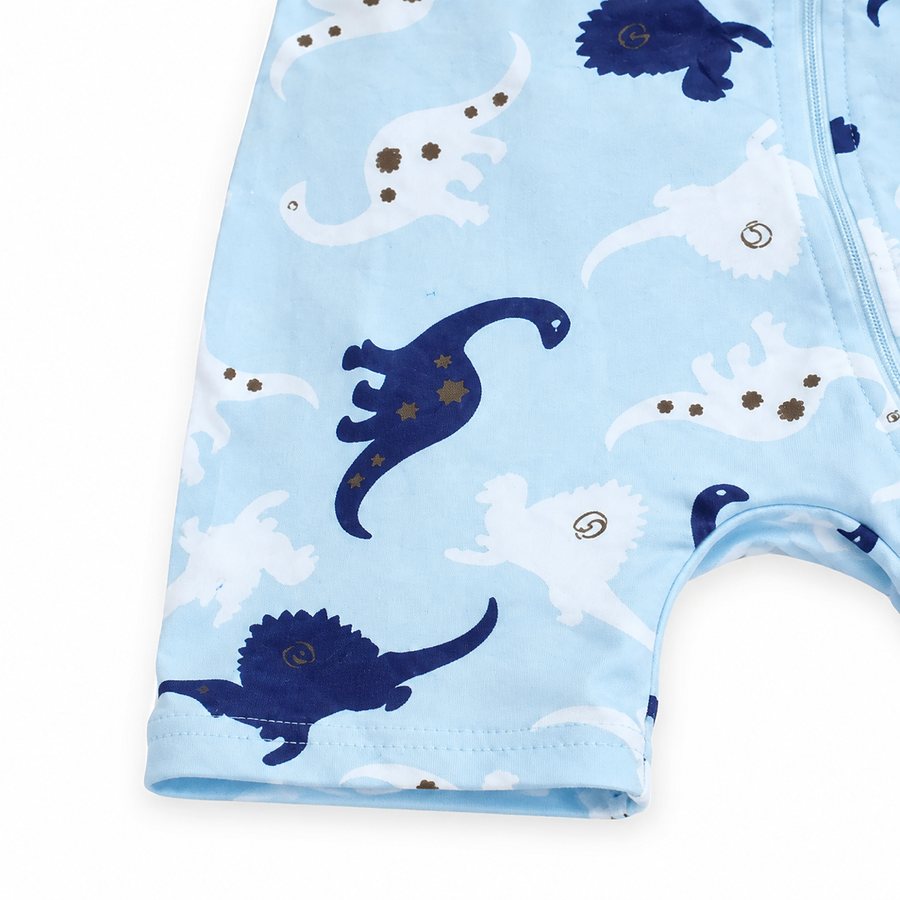 Blue & White Dinosaurs Shortie Romper — Blue & White Dinosaurs — Cuff and foot detail — image 4