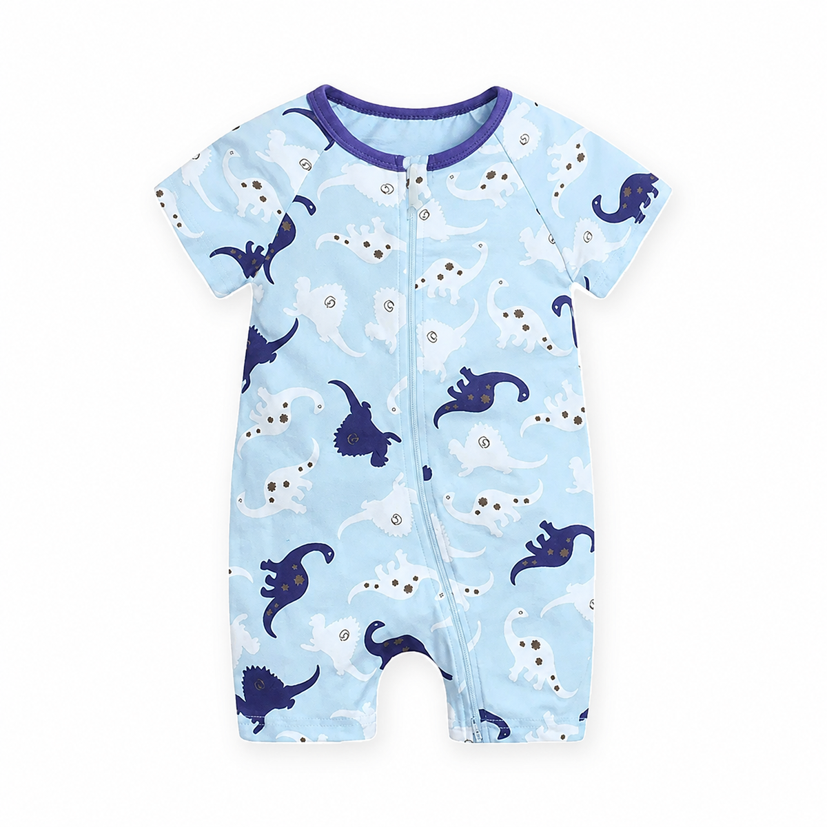 Blue & White Dinosaurs Shortie Romper — Blue & White Dinosaurs — Front view — image 1