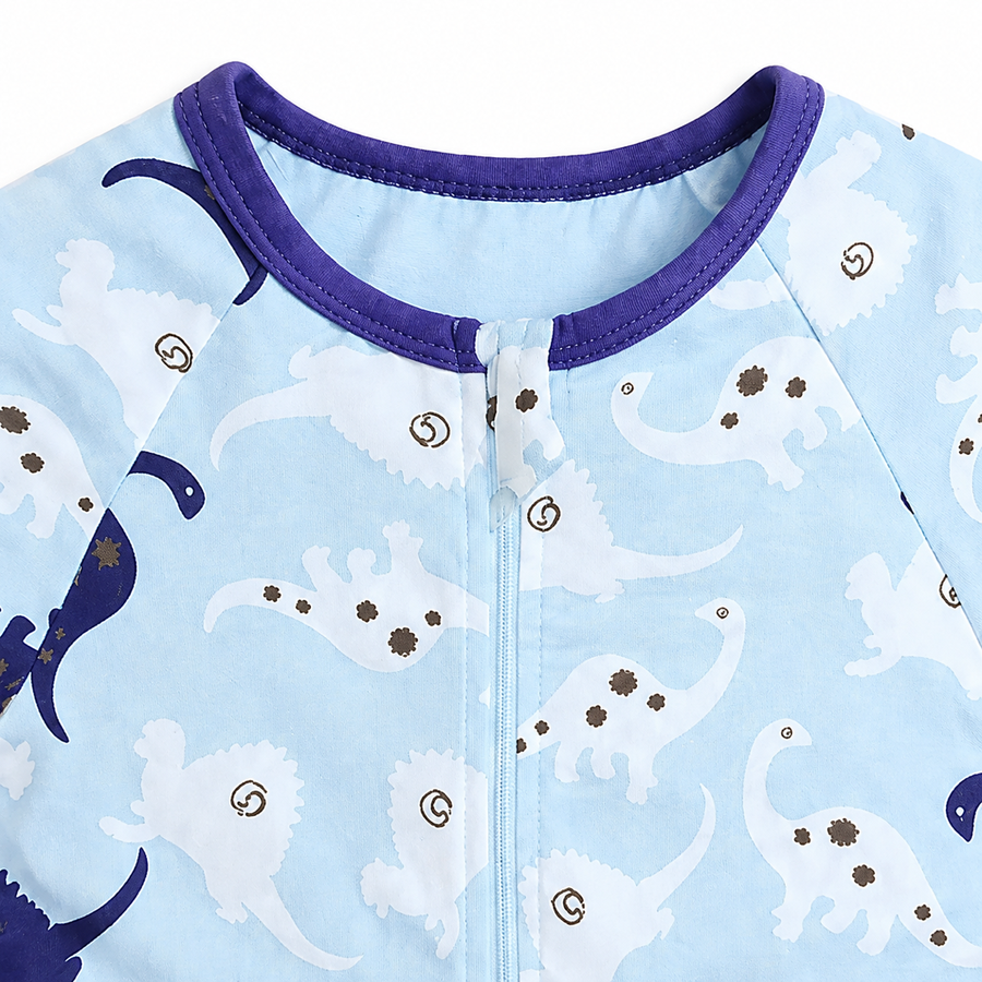Blue & White Dinosaurs Shortie Romper — Blue & White Dinosaurs — Zipper detail — image 3