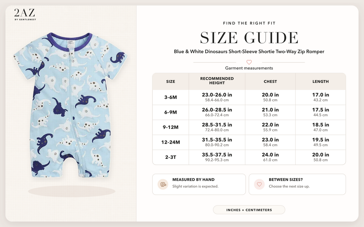 Product-specific size guide for Blue & White Dinosaurs Shortie Romper