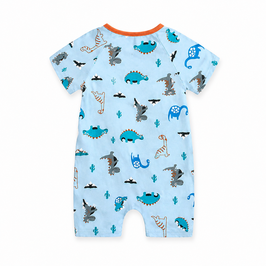 Blue Dinosaurs Short-Sleeve Shortie Romper — Blue Dinosaurs — Back view — image 2