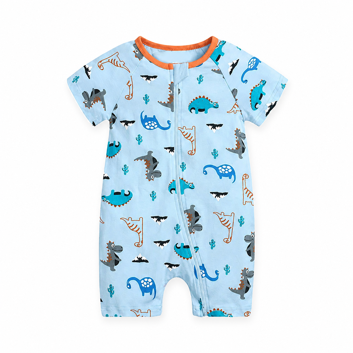 Blue Dinosaurs Short-Sleeve Shortie Romper — Blue Dinosaurs — Front view — image 1