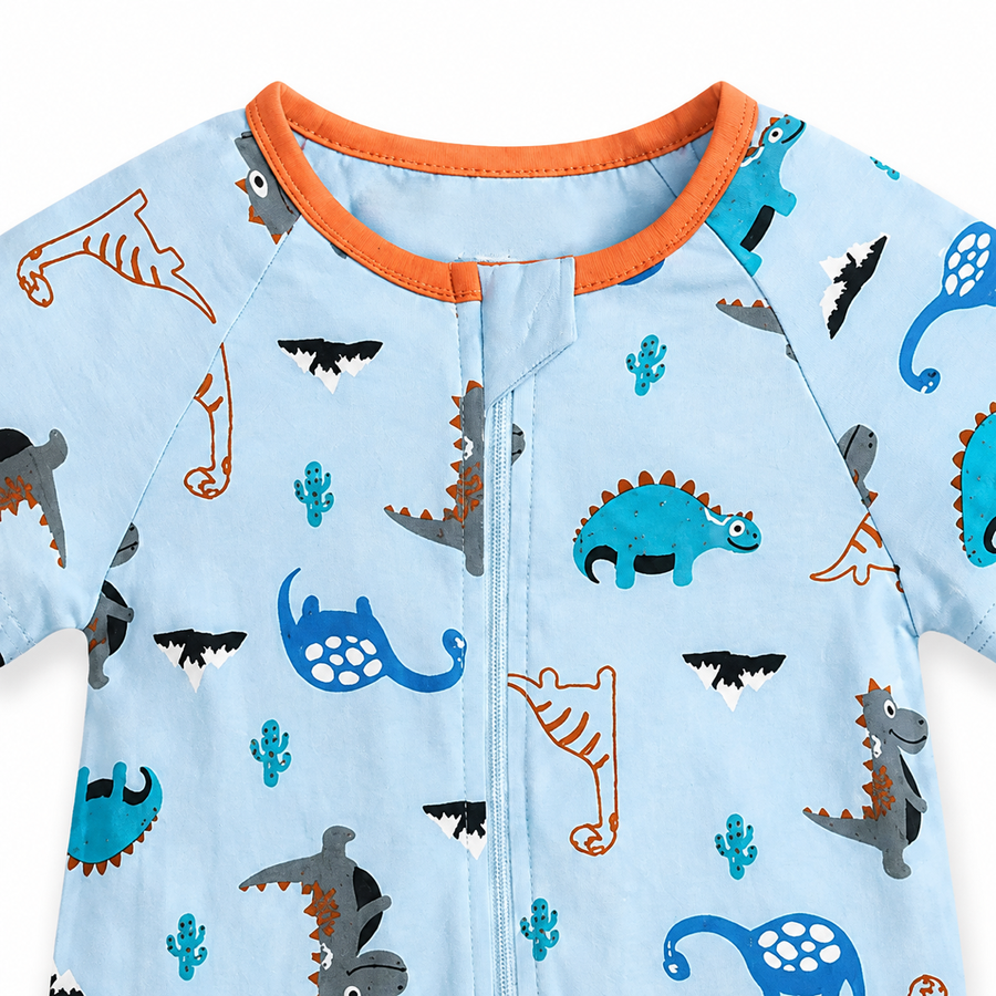 Blue Dinosaurs Short-Sleeve Shortie Romper — Blue Dinosaurs — Zipper detail — image 3