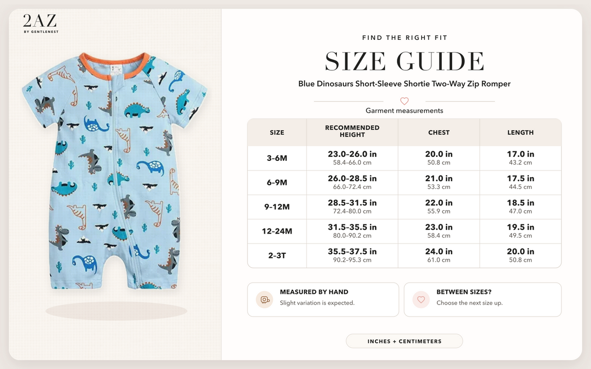 Product-specific size guide for Blue Dinosaurs Shortie Romper