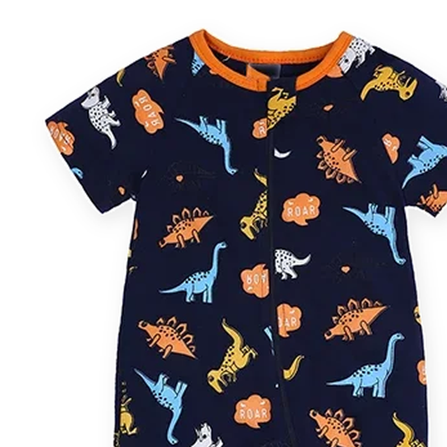 Midnight Dinosaurs Short-Sleeve Shortie Romper — Midnight Dinosaurs — Cuff and foot detail — image 5