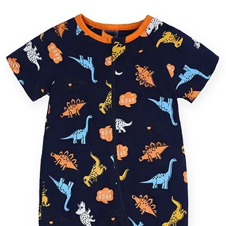 Midnight Dinosaurs Short-Sleeve Shortie Romper — Midnight Dinosaurs — Neckline and seam detail — image 4