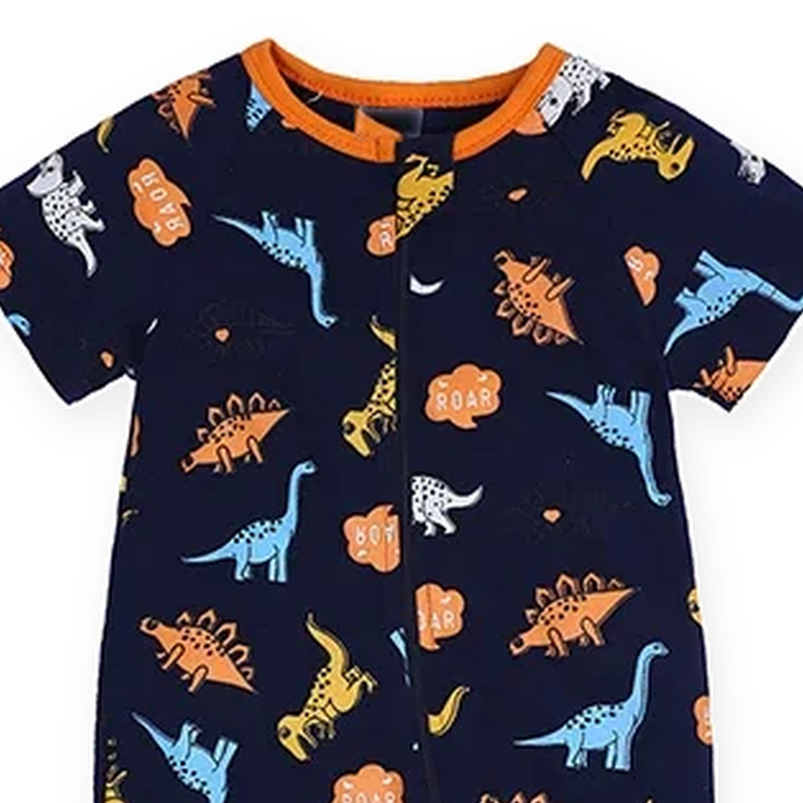 Midnight Dinosaurs Short-Sleeve Shortie Romper — Midnight Dinosaurs — Zipper detail — image 3