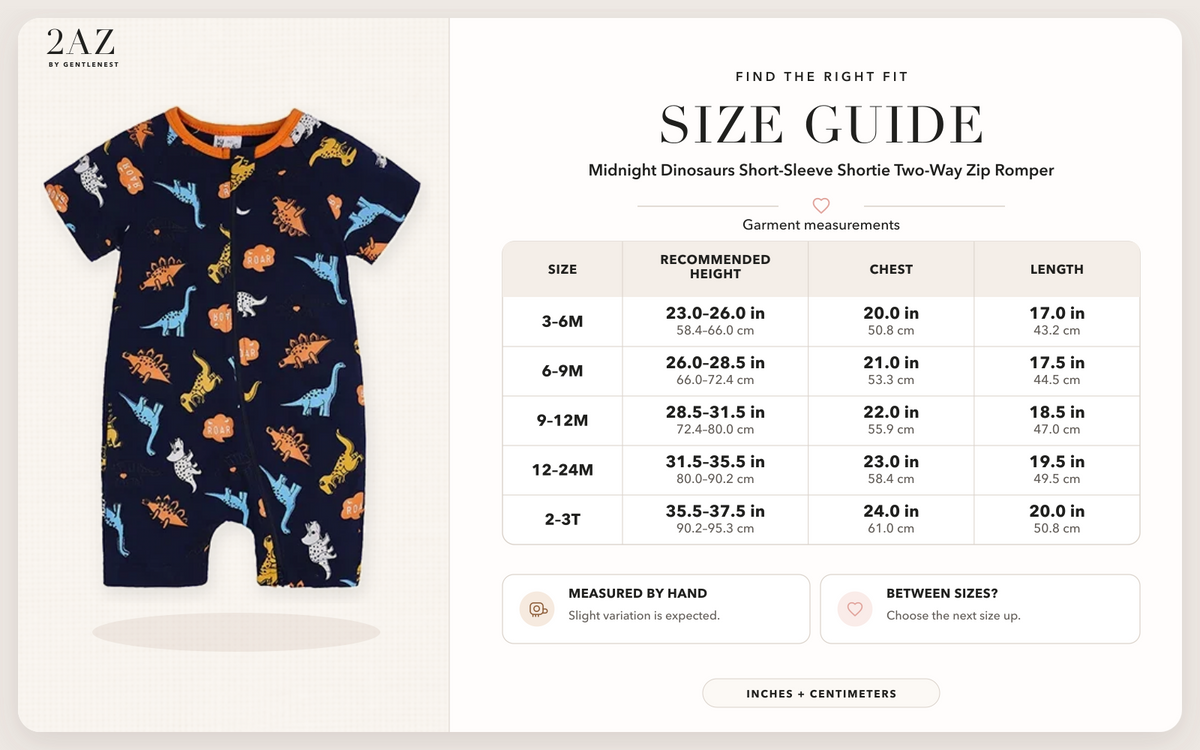 Product-specific size guide for Midnight Dinosaurs Shortie Romper