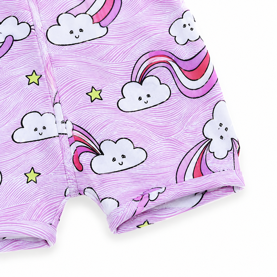 Unicorn Rainbows Short-Sleeve Shortie Romper — Unicorn Rainbows — Cuff and foot detail — image 4