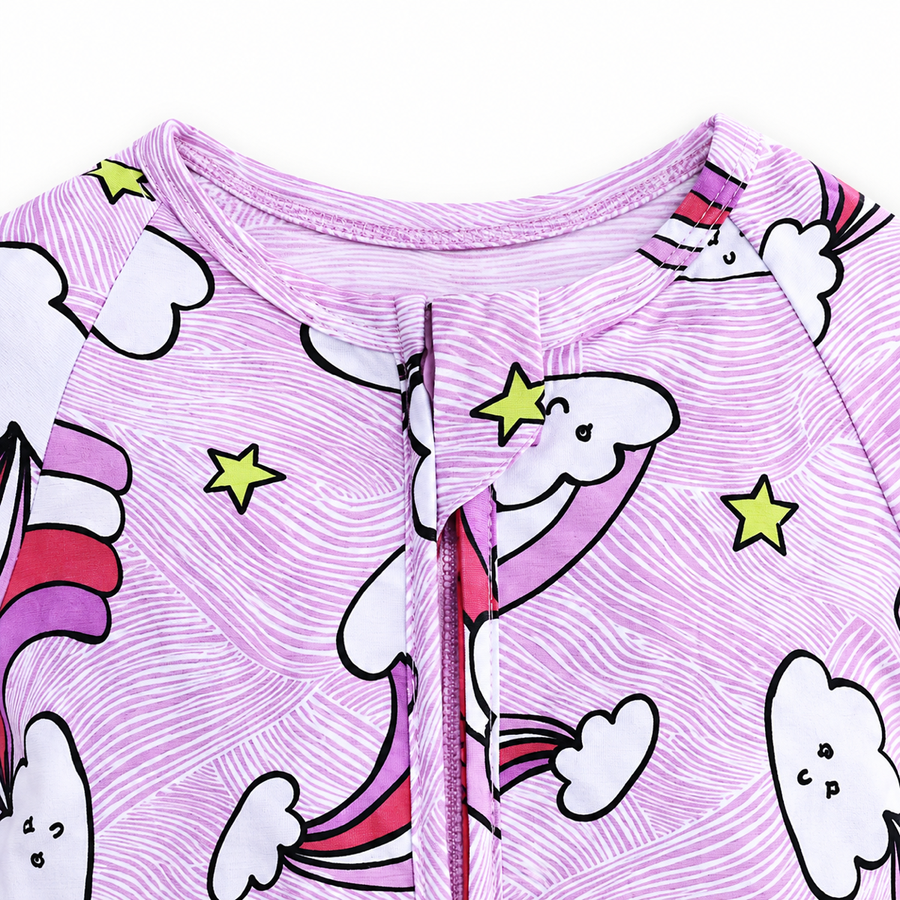 Unicorn Rainbows Short-Sleeve Shortie Romper — Unicorn Rainbows — Zipper detail — image 3