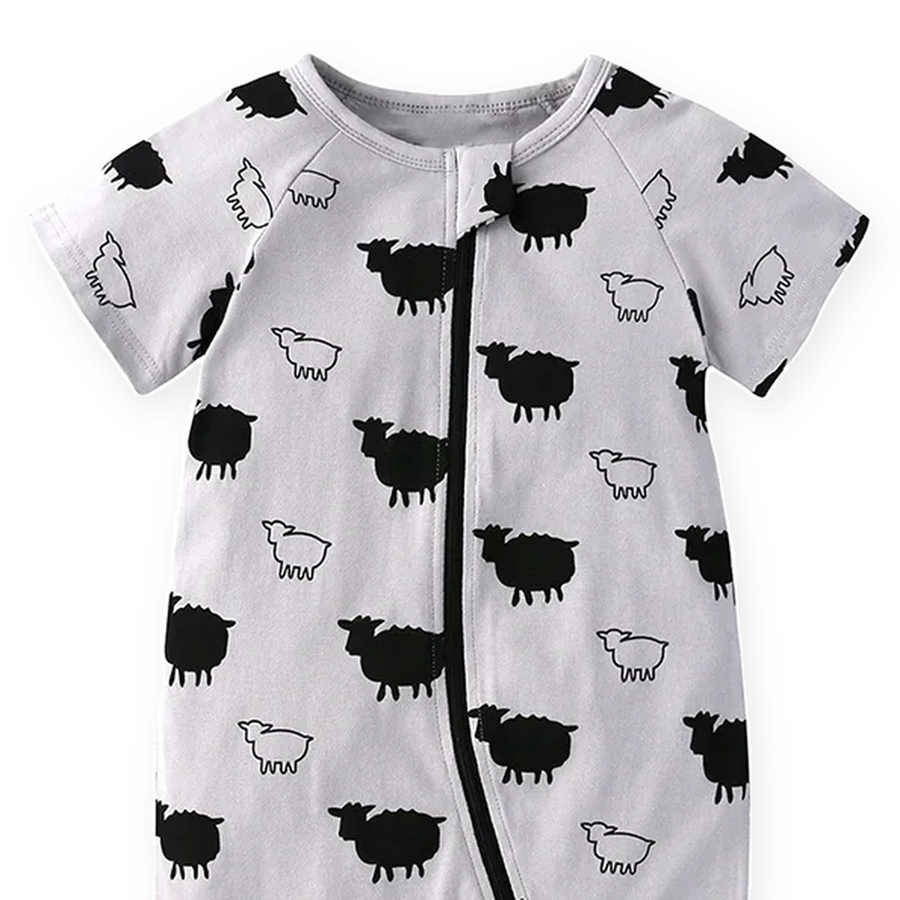 Counting Sheep Short-Sleeve Shortie Romper — Counting Sheep — Neckline and seam detail — image 4