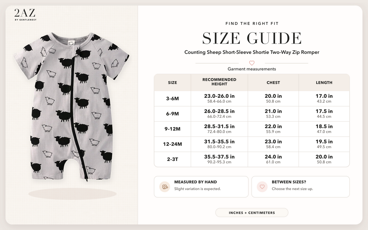 Product-specific size guide for Counting Sheep Shortie Romper