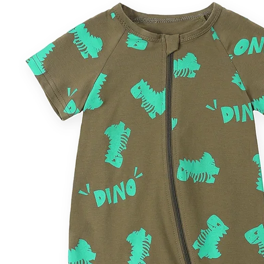 Green Dino Short-Sleeve Shortie Romper — Green Dino — Cuff and foot detail — image 5