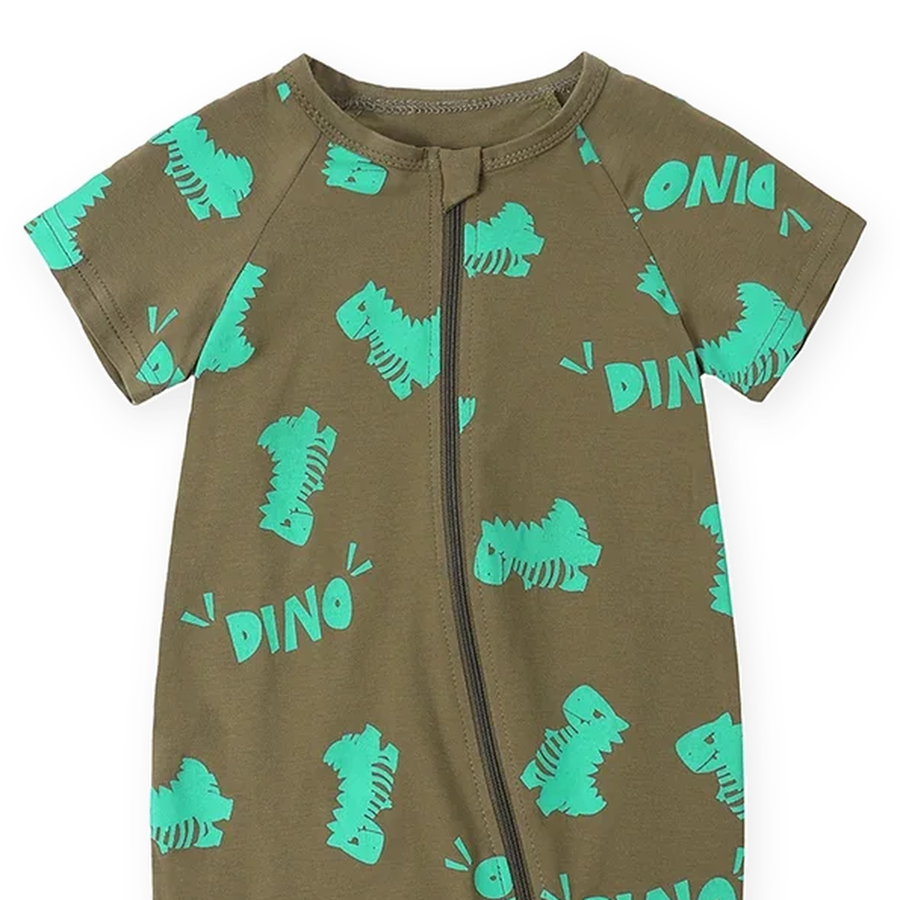 Green Dino Short-Sleeve Shortie Romper — Green Dino — Neckline and seam detail — image 4