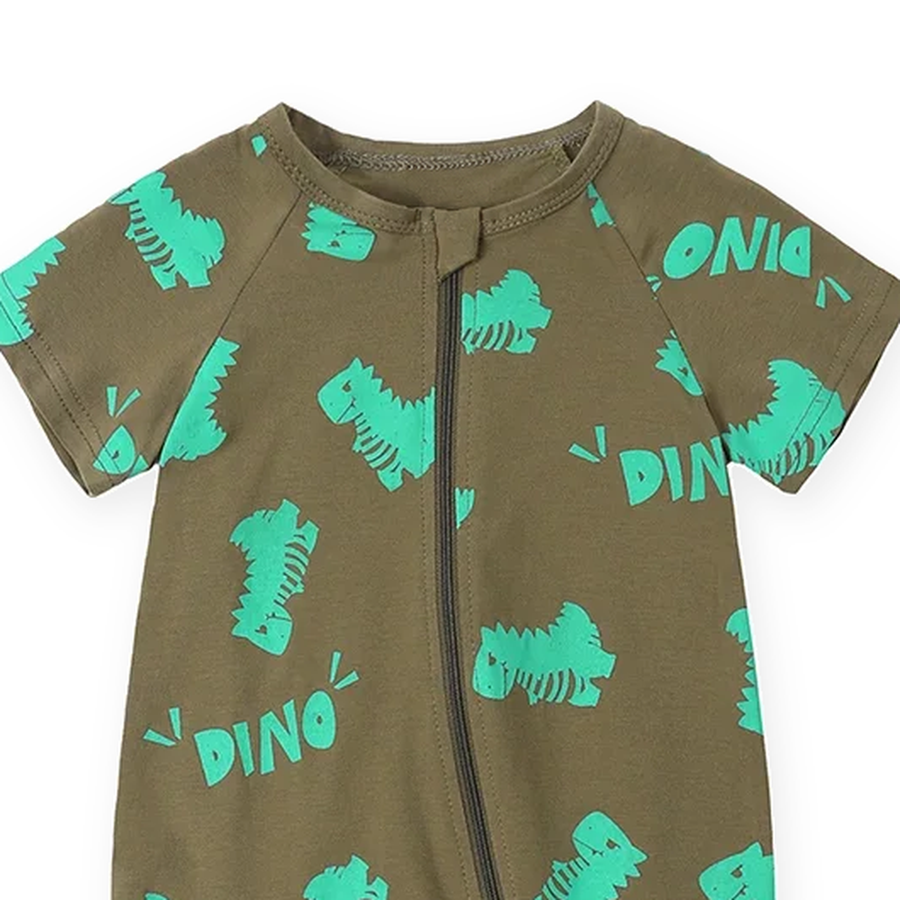 Green Dino Short-Sleeve Shortie Romper — Green Dino — Zipper detail — image 3
