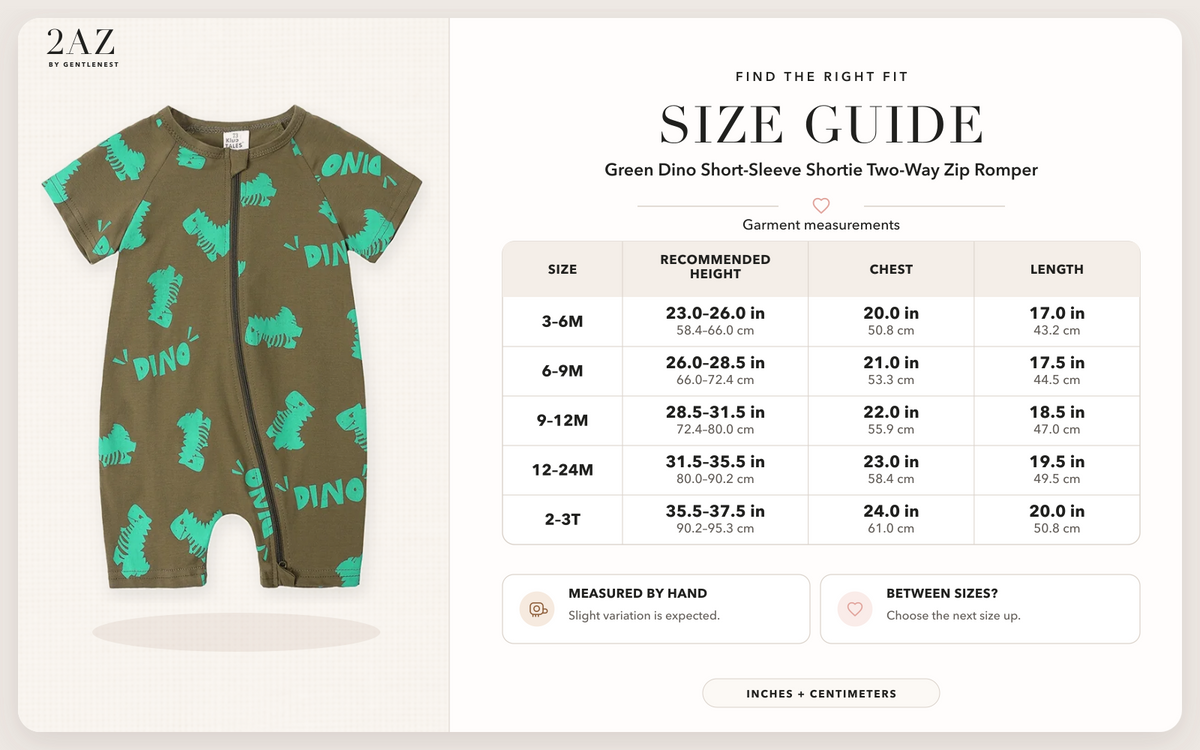 Product-specific size guide for Green Dino Shortie Romper