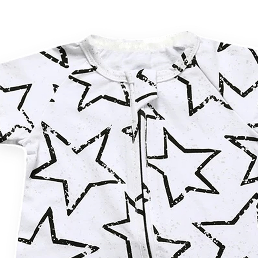 Outline Stars Short-Sleeve Shortie Romper — Outline Stars — Neckline and seam detail — image 4