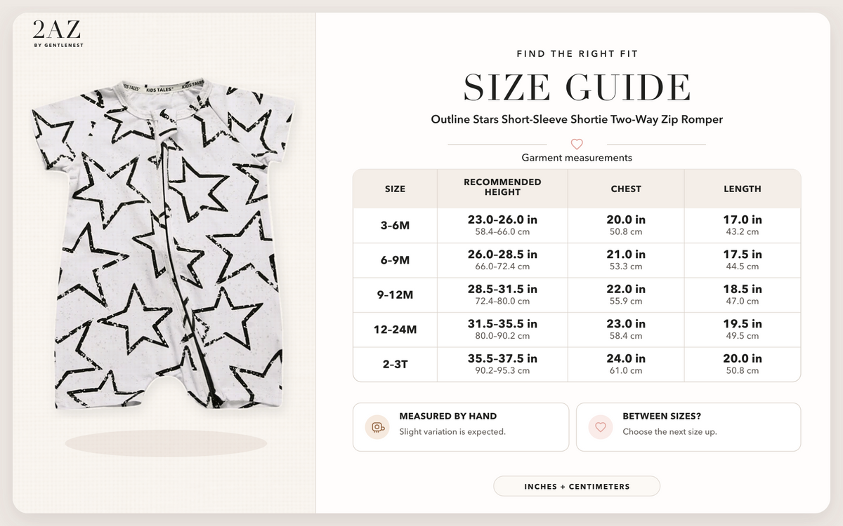 Product-specific size guide for Outline Stars Shortie Romper