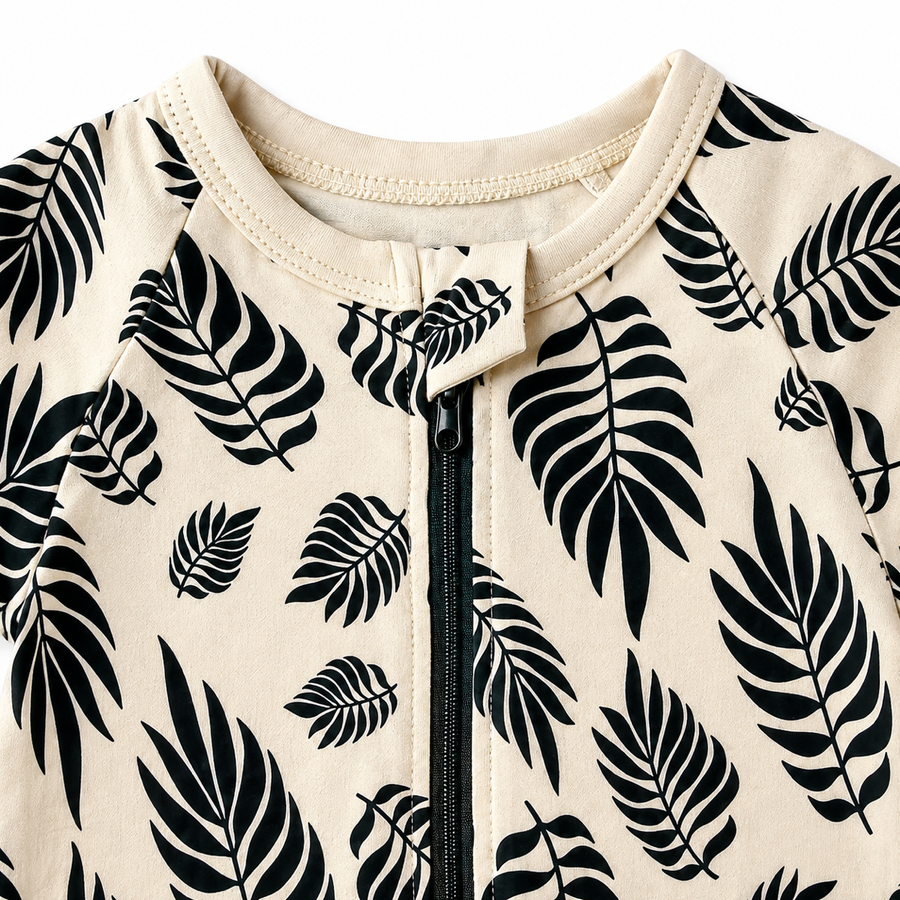 Botanical Leaves Short-Sleeve Shortie Romper — Botanical Leaves — Zipper detail — image 3