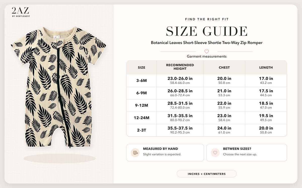 Product-specific size guide for Botanical Leaves Shortie Romper