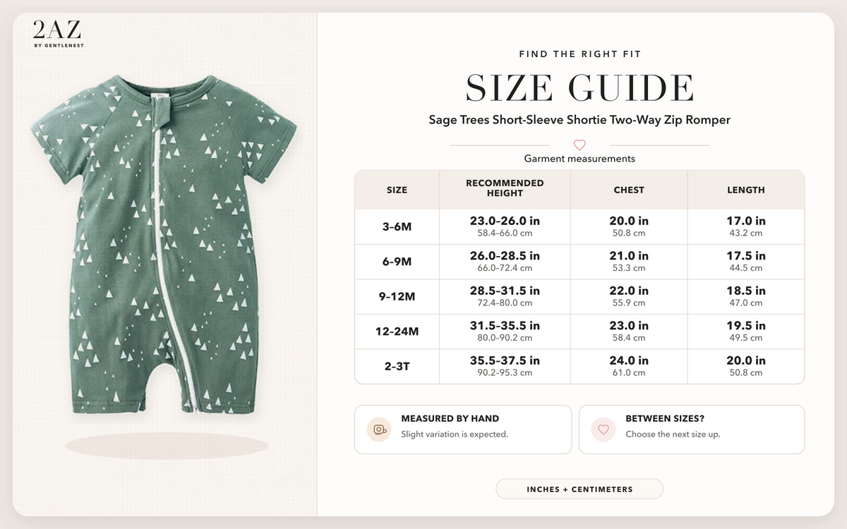 Product-specific size guide for Sage Trees Shortie Romper