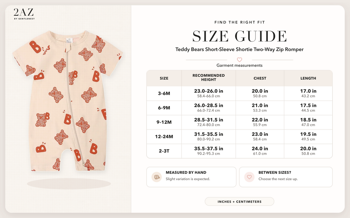 Product-specific size guide for Teddy Bears Shortie Romper