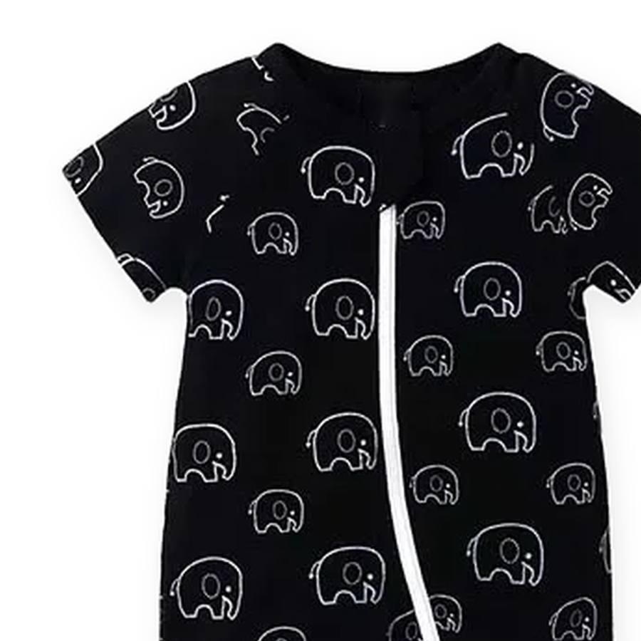 Midnight Elephants Short-Sleeve Shortie Romper — Midnight Elephants — Cuff and foot detail — image 5