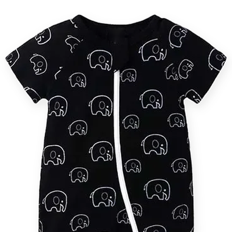 Midnight Elephants Short-Sleeve Shortie Romper — Midnight Elephants — Neckline and seam detail — image 4