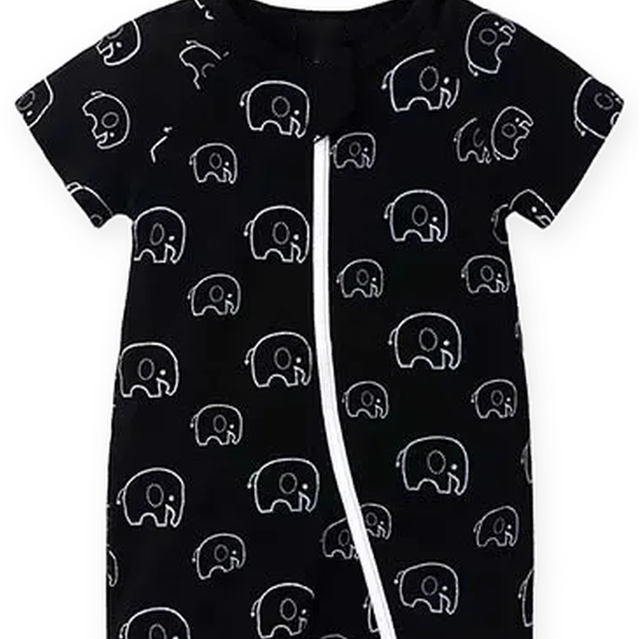 Midnight Elephants Short-Sleeve Shortie Romper — Midnight Elephants — Zipper detail — image 3