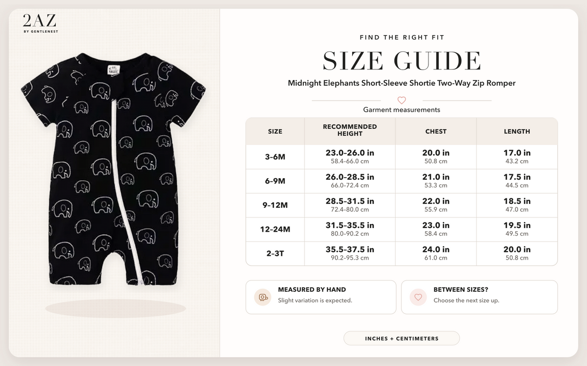 Product-specific size guide for Midnight Elephants Shortie Romper