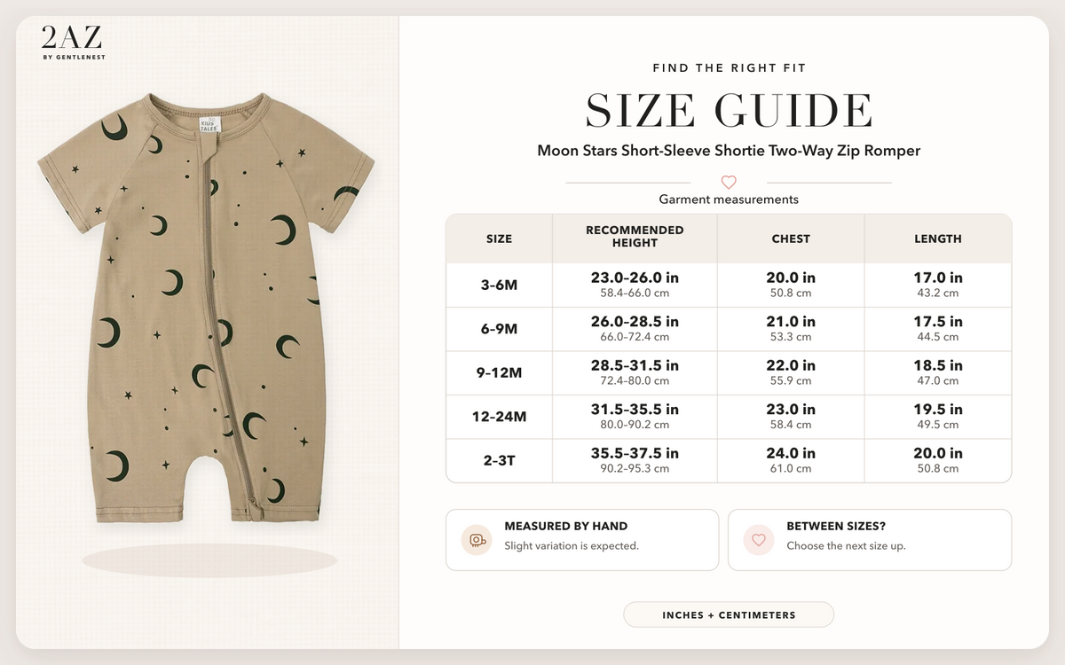 Product-specific size guide for Moon Stars Shortie Romper