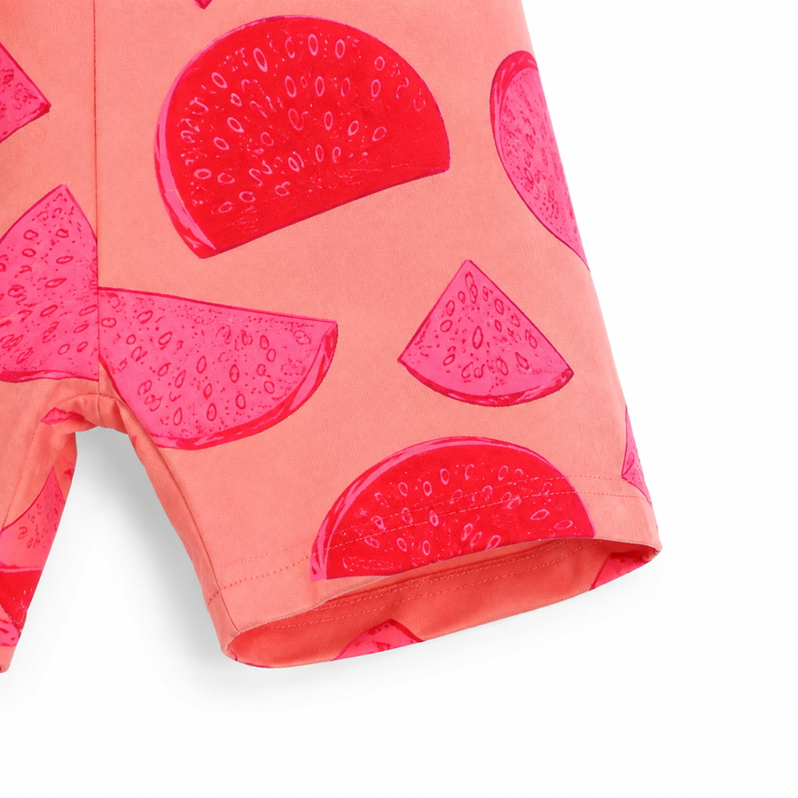 Watermelon Slice Short-Sleeve Shortie Romper — Watermelon Slice — Cuff and foot detail — image 4
