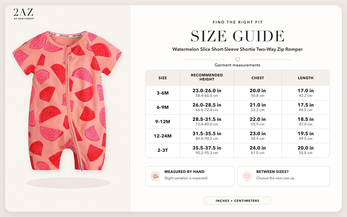 Product-specific size guide for Watermelon Slice Shortie Romper