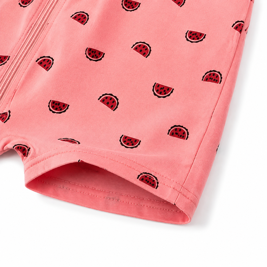 Watermelon Mini Short-Sleeve Shortie Romper — Watermelon Mini — Cuff and foot detail — image 4