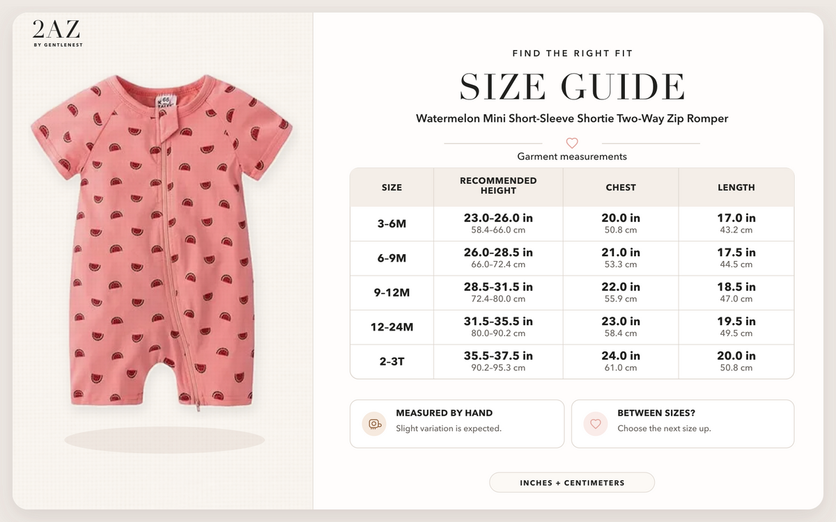 Product-specific size guide for Watermelon Mini Shortie Romper