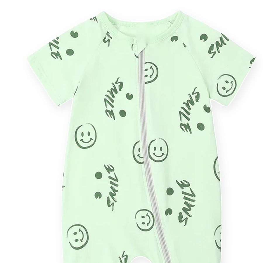 Mint Smileys Short-Sleeve Shortie Romper — Mint Smileys — Cuff and foot detail — image 5