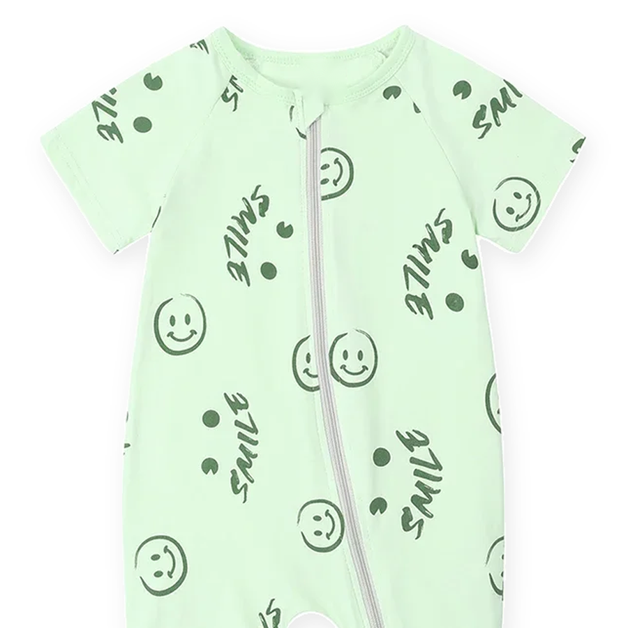 Mint Smileys Short-Sleeve Shortie Romper — Mint Smileys — Neckline and seam detail — image 4